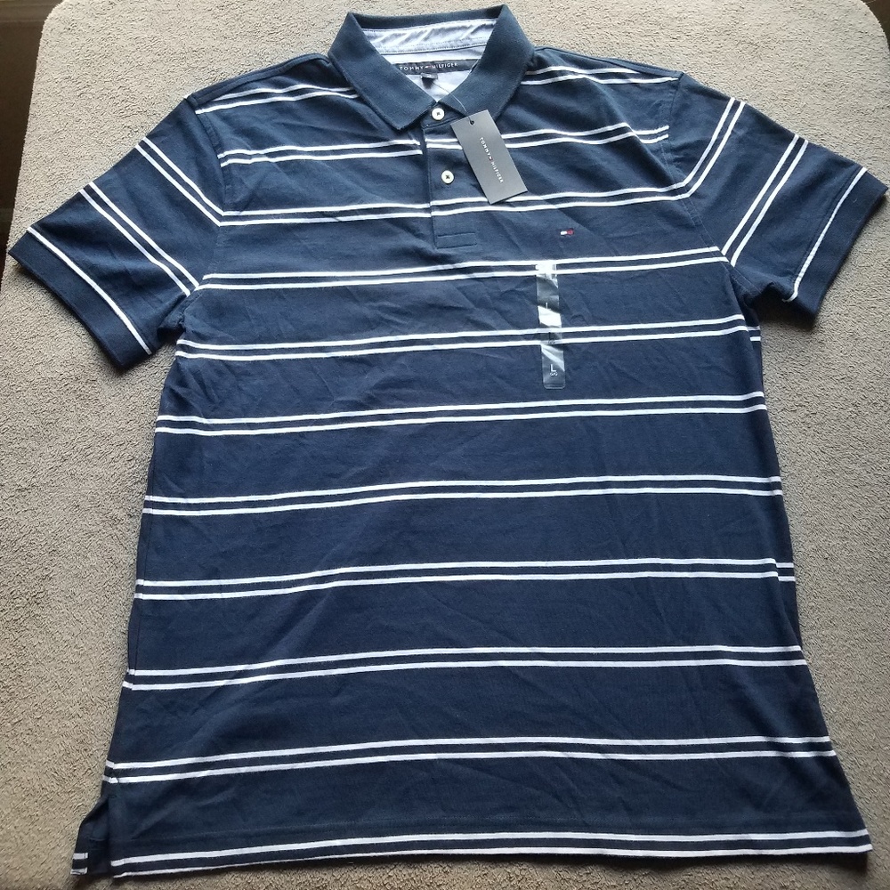 NWT Tommy Hilfiger Polo Navy Blue White Stripes